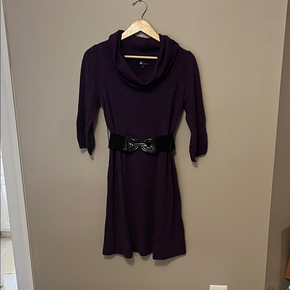 AB Studio Deep Purple Long Sleeve Dress with Black Belt